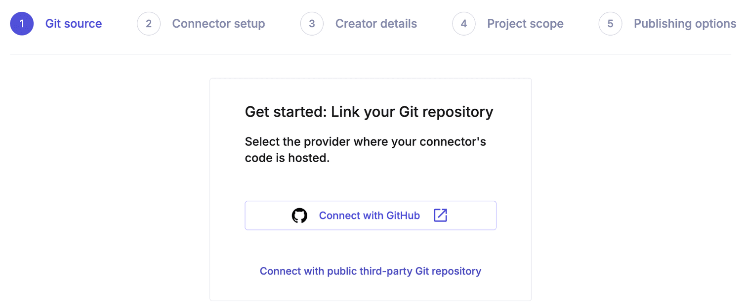 GitHub repository and tag selection interface when creating a new Connector in Merchant Center.