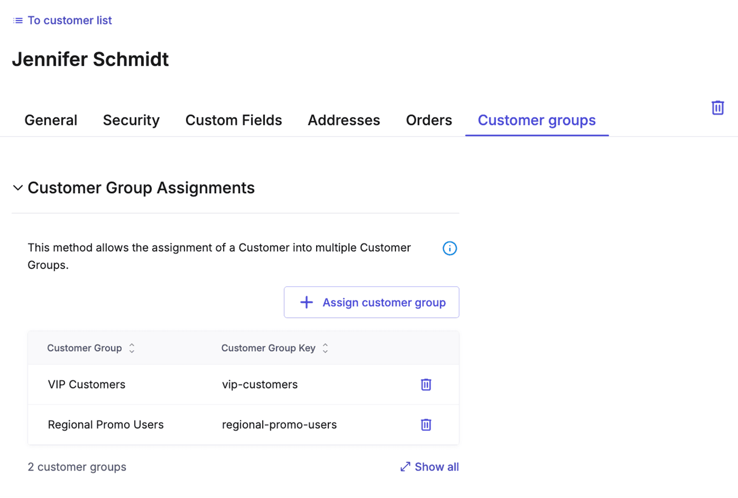 The Customer groups tab and the Customer Group Assignments section in the Merchant Center