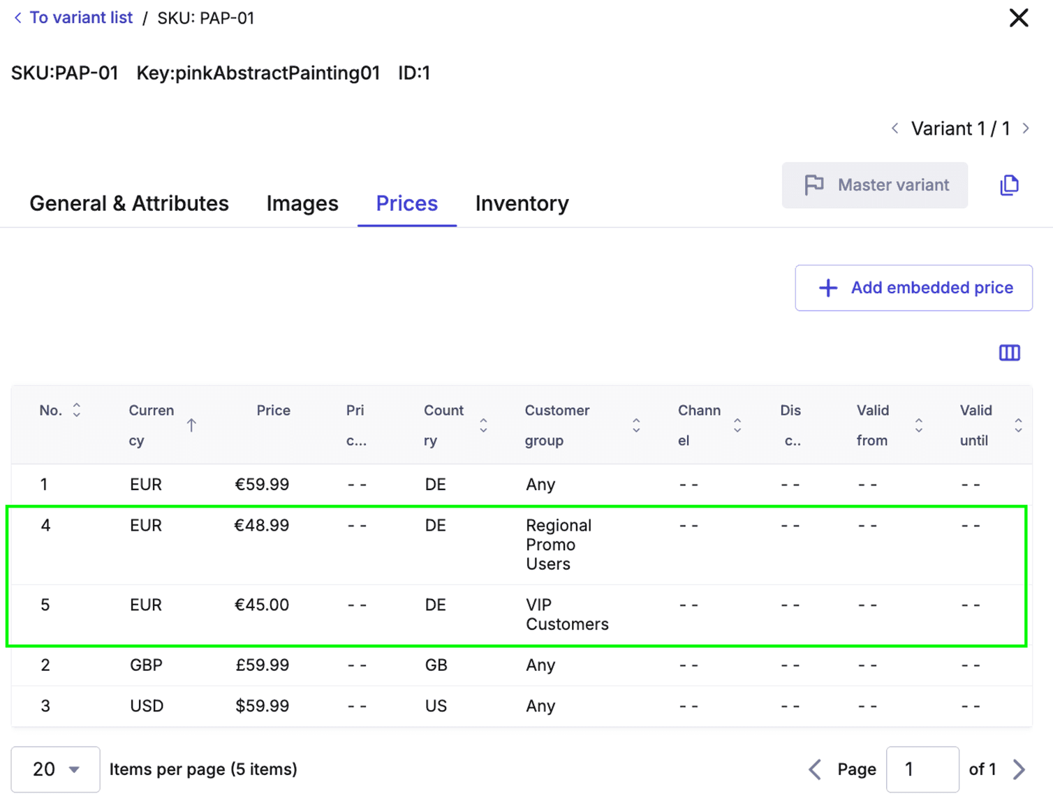 The Prices tab for a Product Variant in the Product list page in the Merchant Center. Two prices of the variant are highlighted.