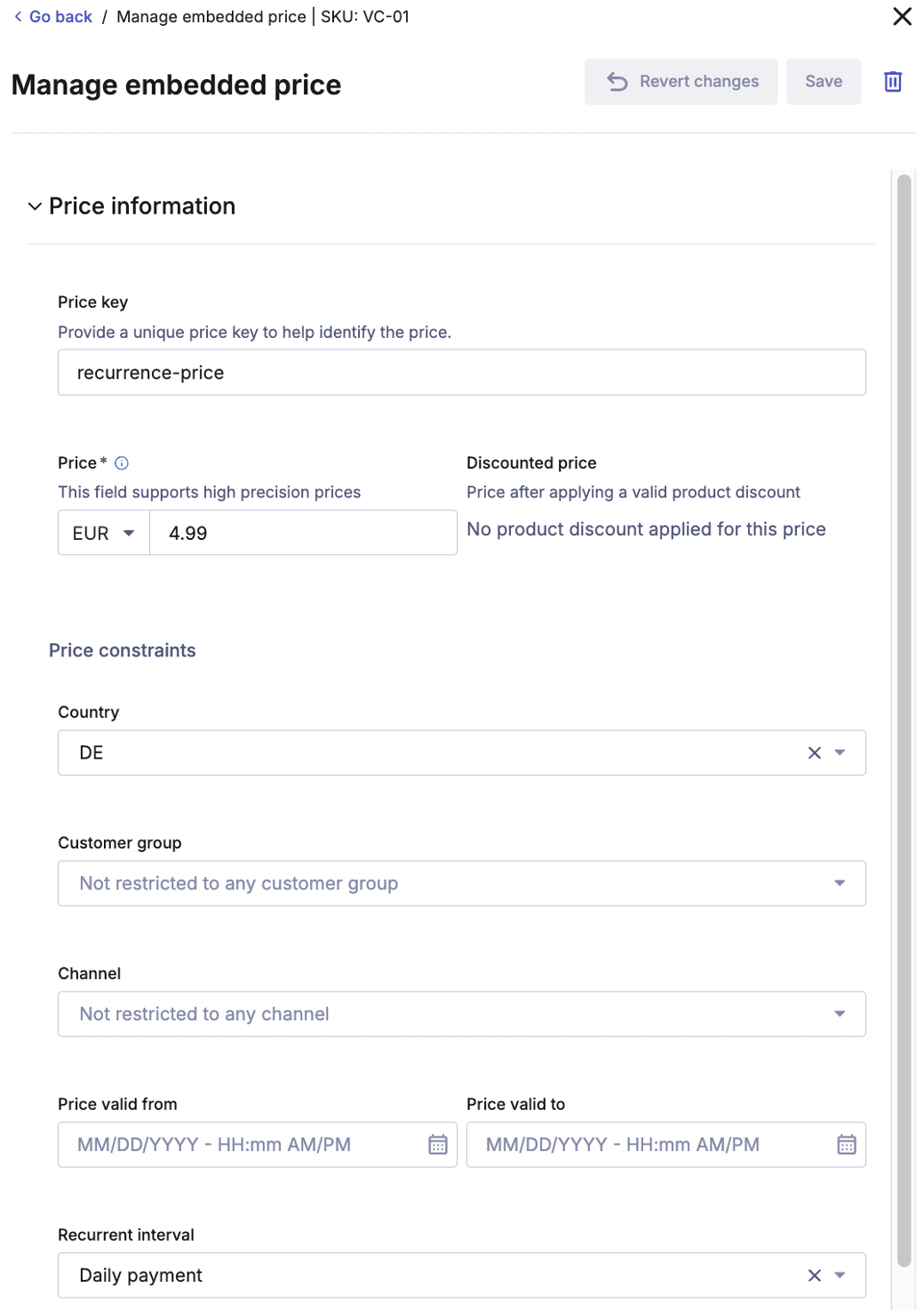 The Manage embedded price page of Product list in the Merchant Center