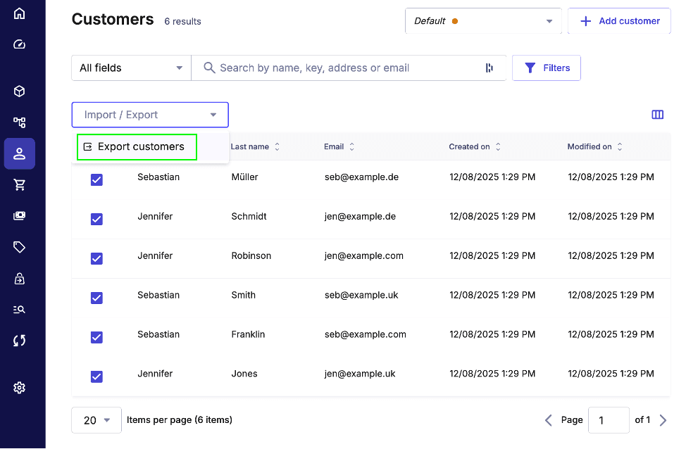 The Customers list in the Merchant Center with all Customers selected and the Export customers action available.