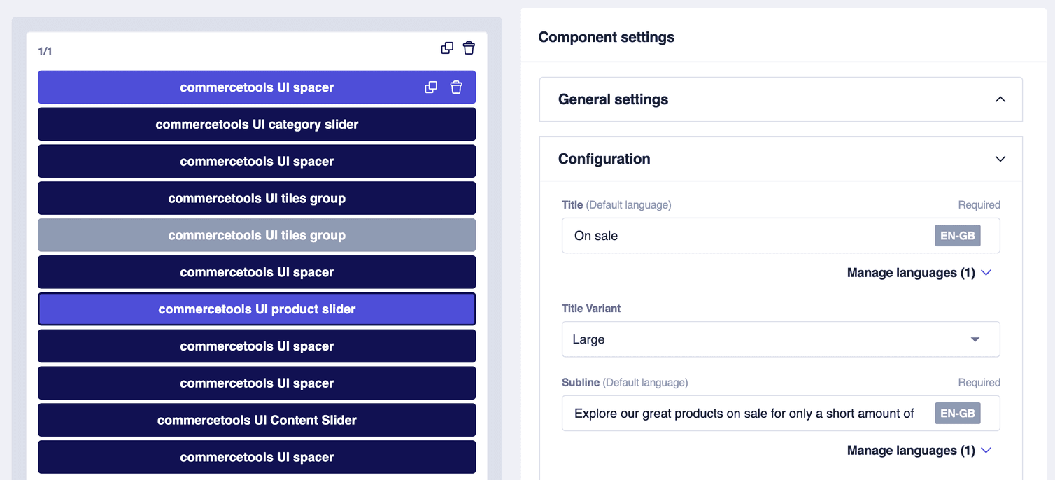 The Configuration section in the Component settings pane with its Title and Subline fields filled with the values for the new page version