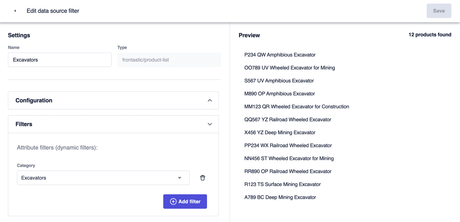 The data source filter editor with the Name field set and the Category field set to Excavators