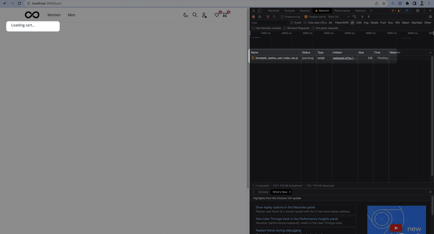 The text Loading cart appears while the request for the JavaScript bundle is pending.