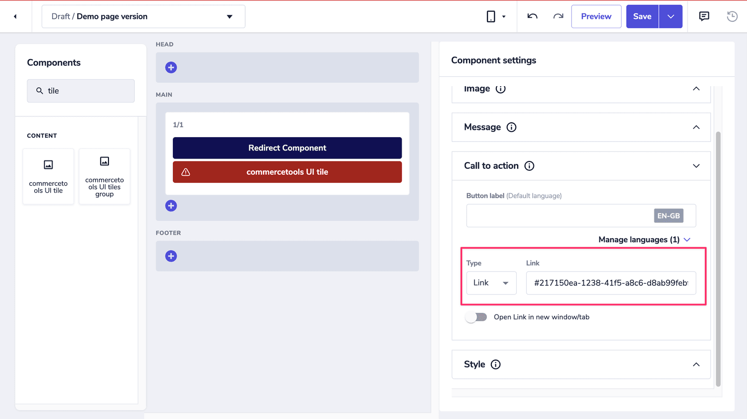 Use the selected anchor ID as a link in the tile component settings