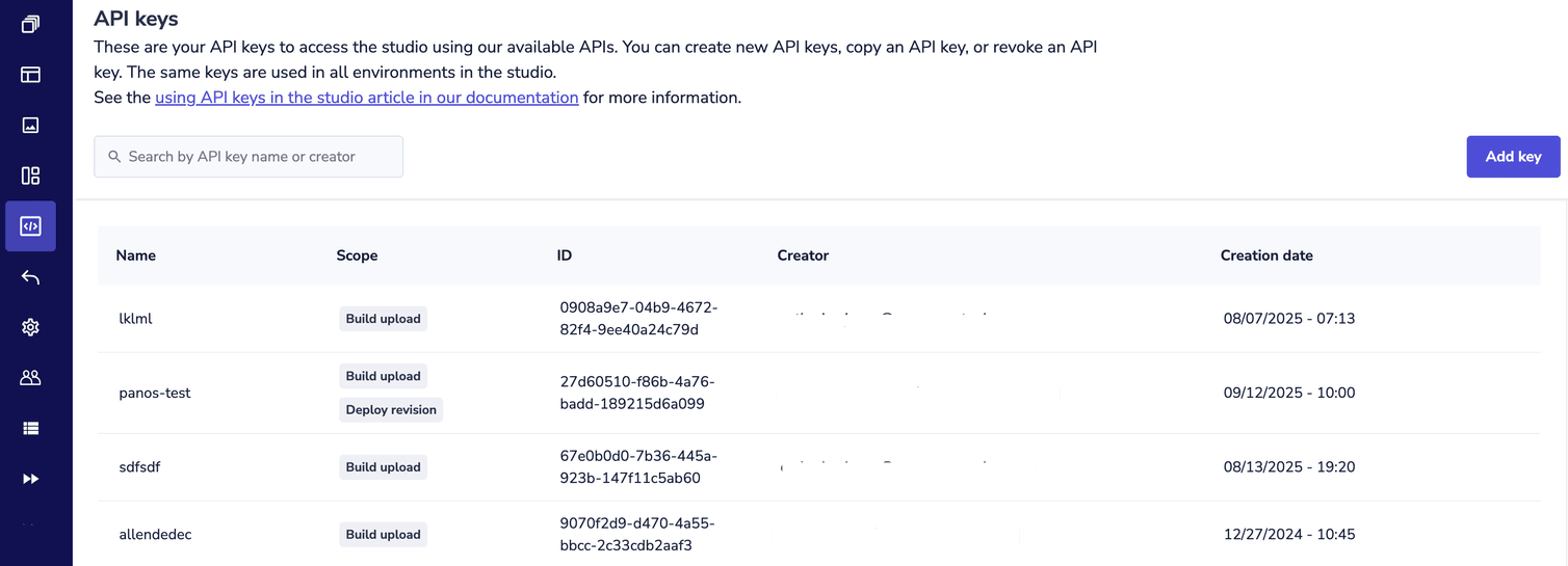 The API keys area displaying the Add key button and list of available API keys