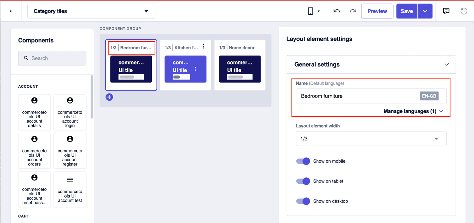 Entering the name of a layout element in the Name field of the Layout element settings. The layout element name is displayed in the layout section.