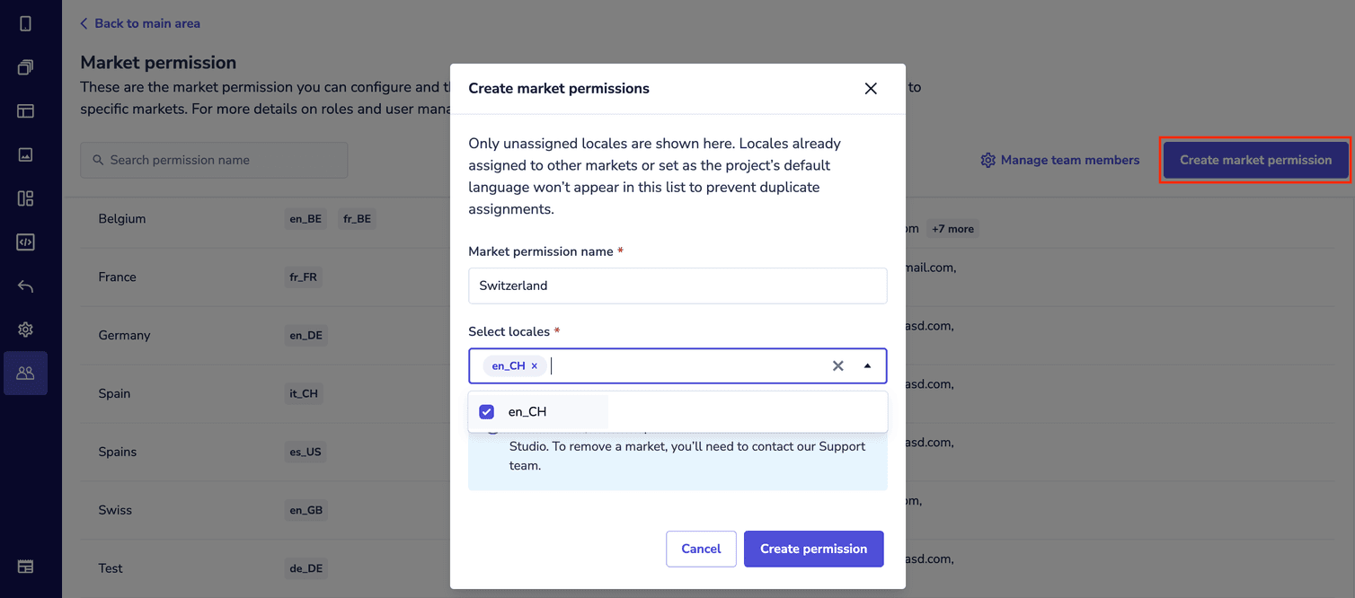 The create market permissions dialog with the market permission name and the Select locales drop-down.