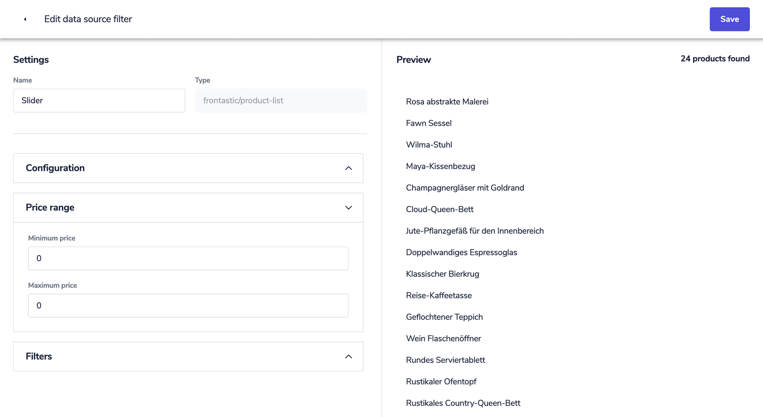 Data source filter editor layout with settings and preview