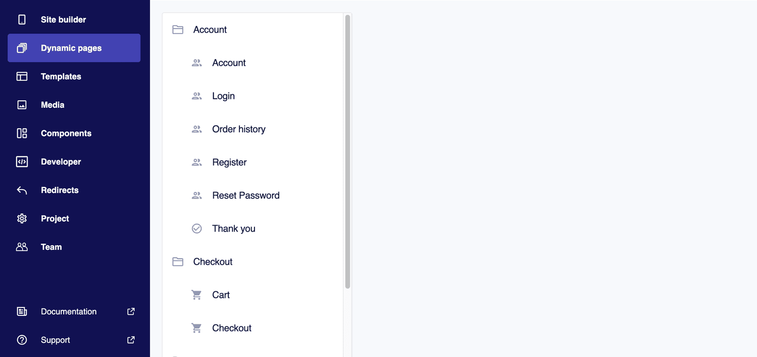 A list of available dynamic pages in the Dynamic pages area