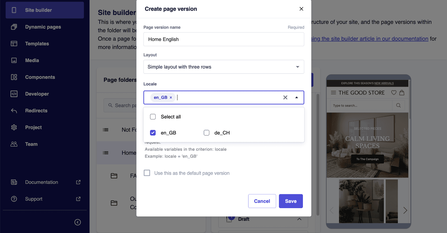 Create page version dialog with the en_GB locale selected.