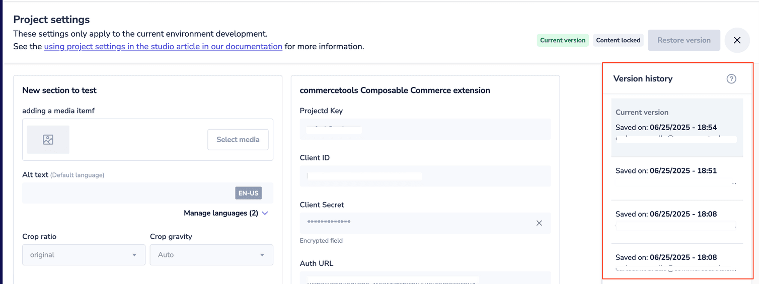 Version history pane in the project settings area.