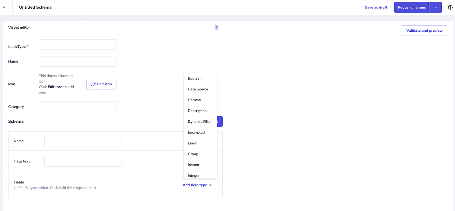 The available field types in the visual editor