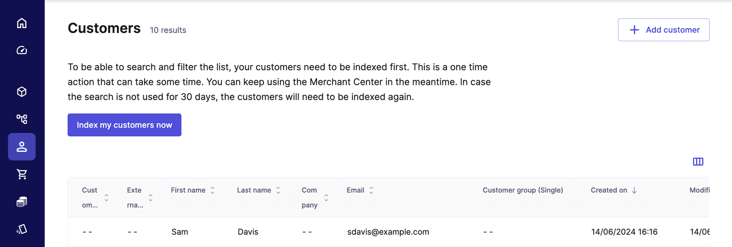 Customer list screen showing new Customer.