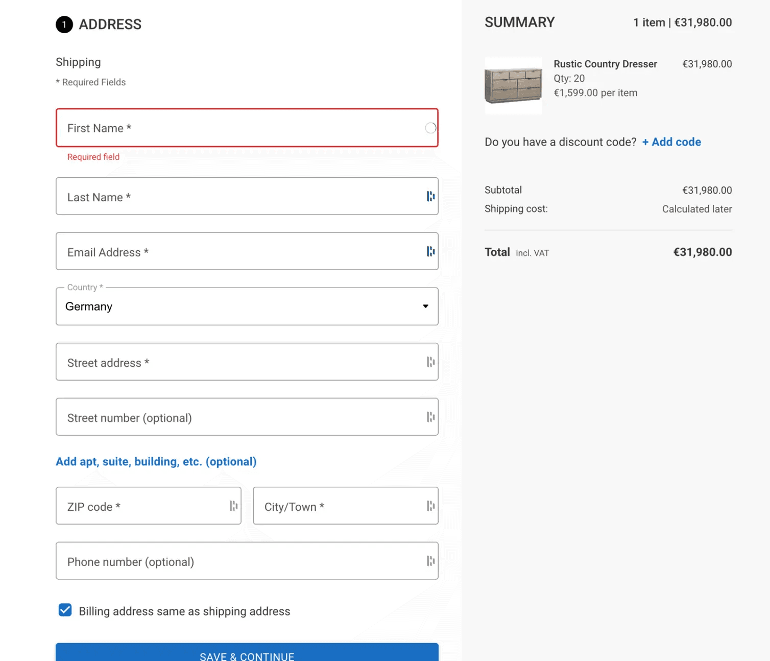 Checkout UI displaying the shipping address form with fields for customer information including name, email, country selector, street address, ZIP code, city, and phone number. A summary panel on the right shows the cart item and total.