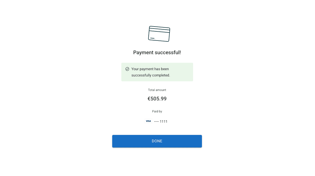 The Payment successful page displaying the Order confirmation with a success message and Order details.