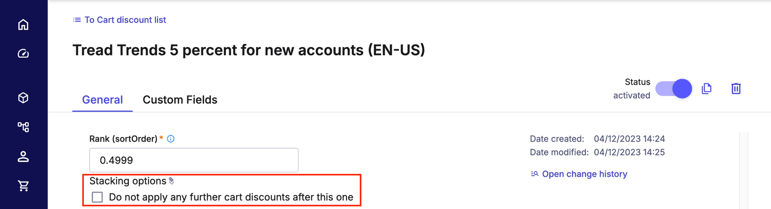 Select the stacking option checkbox in Merchant Center to stop further Cart Discounts from being applied