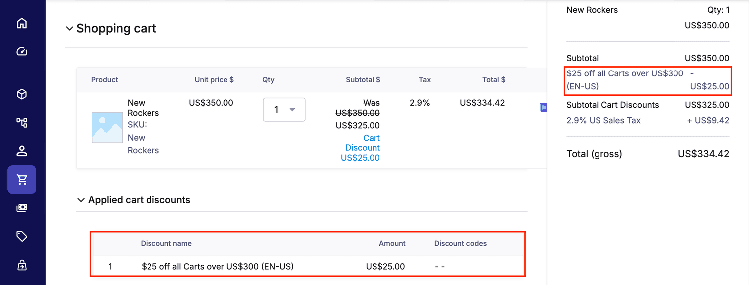 Cart Discount applied to Order.
