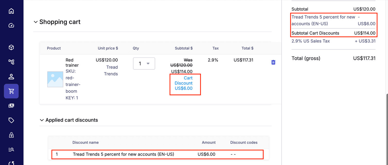 Cart Discount applied to Order.