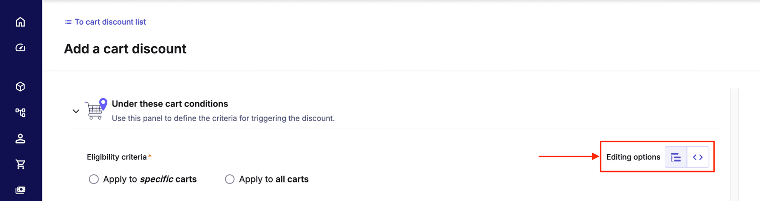Cart Predicates can be generated in the Cart Discounts UI in the Under these cart conditions section.
