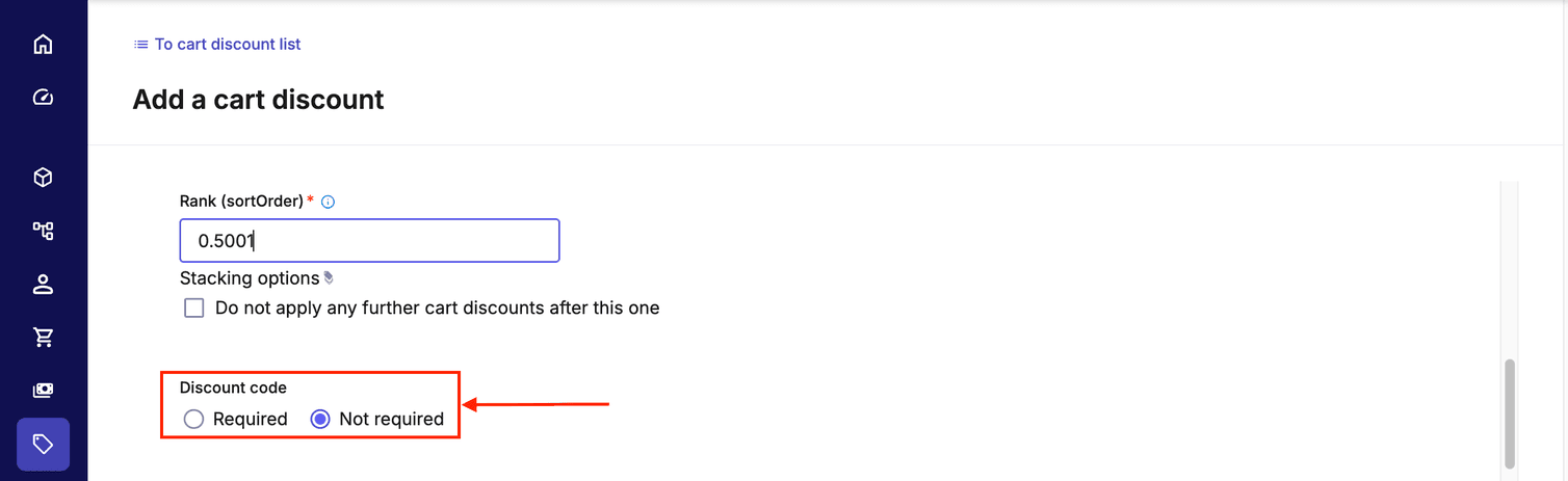 Discount code needs to be set as required on the Cart Discount UI.