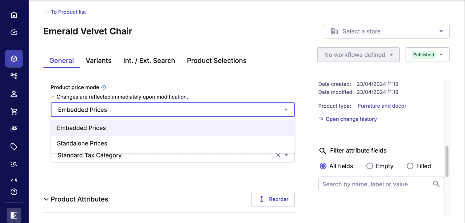 Select Product Price Mode from the drop down box on the General tab.