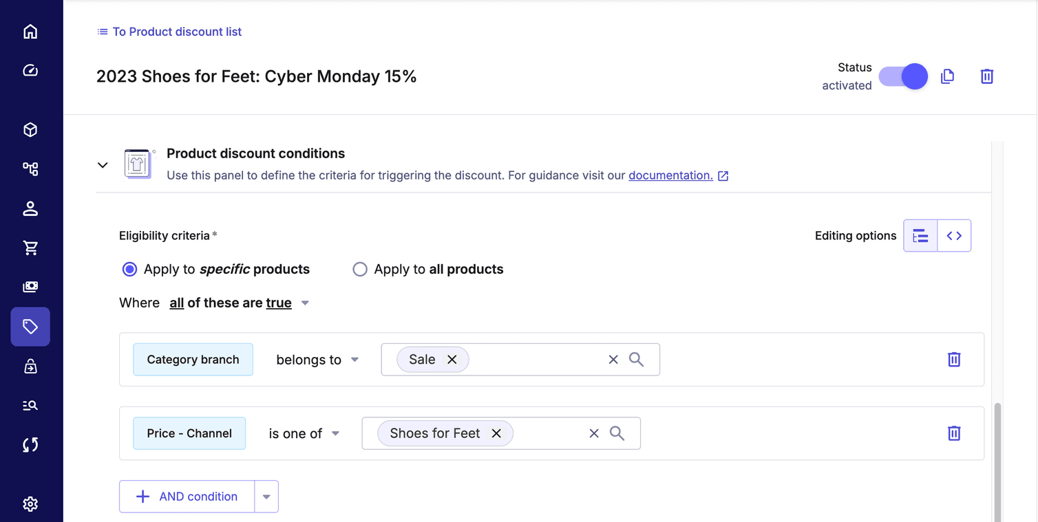 The predicate that applies the discount when Categories branch is Sale and Price-Channel is Shoes for Feet.