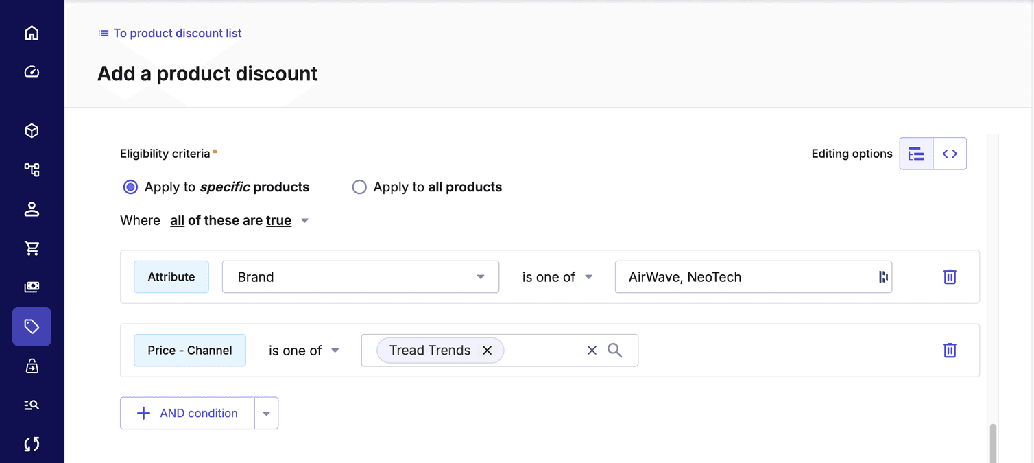 The predicate that applies the discount when Brand Attribute is AirWave and NeoTech, and Price-Channel is Tread Trends.