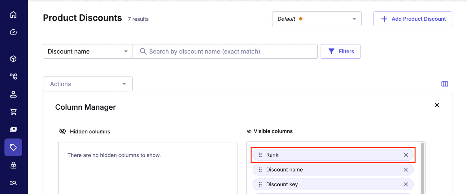 Rank column on the Product Discount list page.