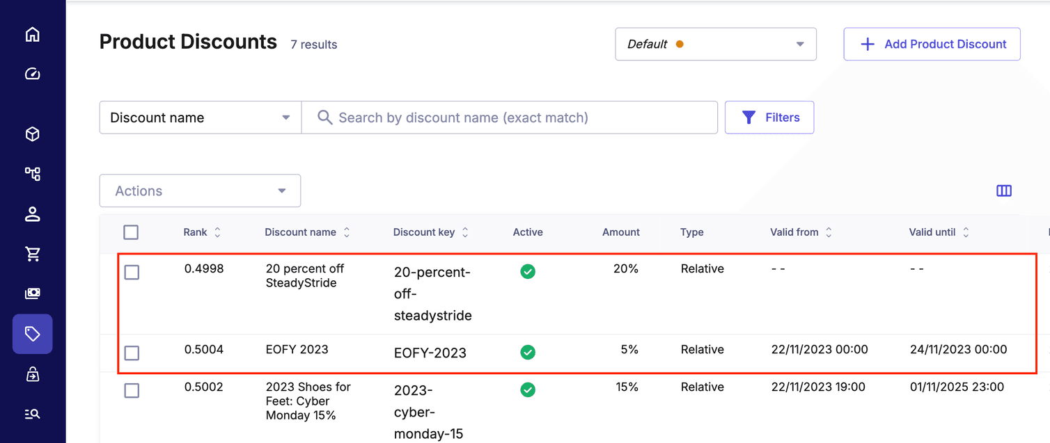 The larger discount has a lower rank than the lower discount so that the lower discount is applied to the Cart.