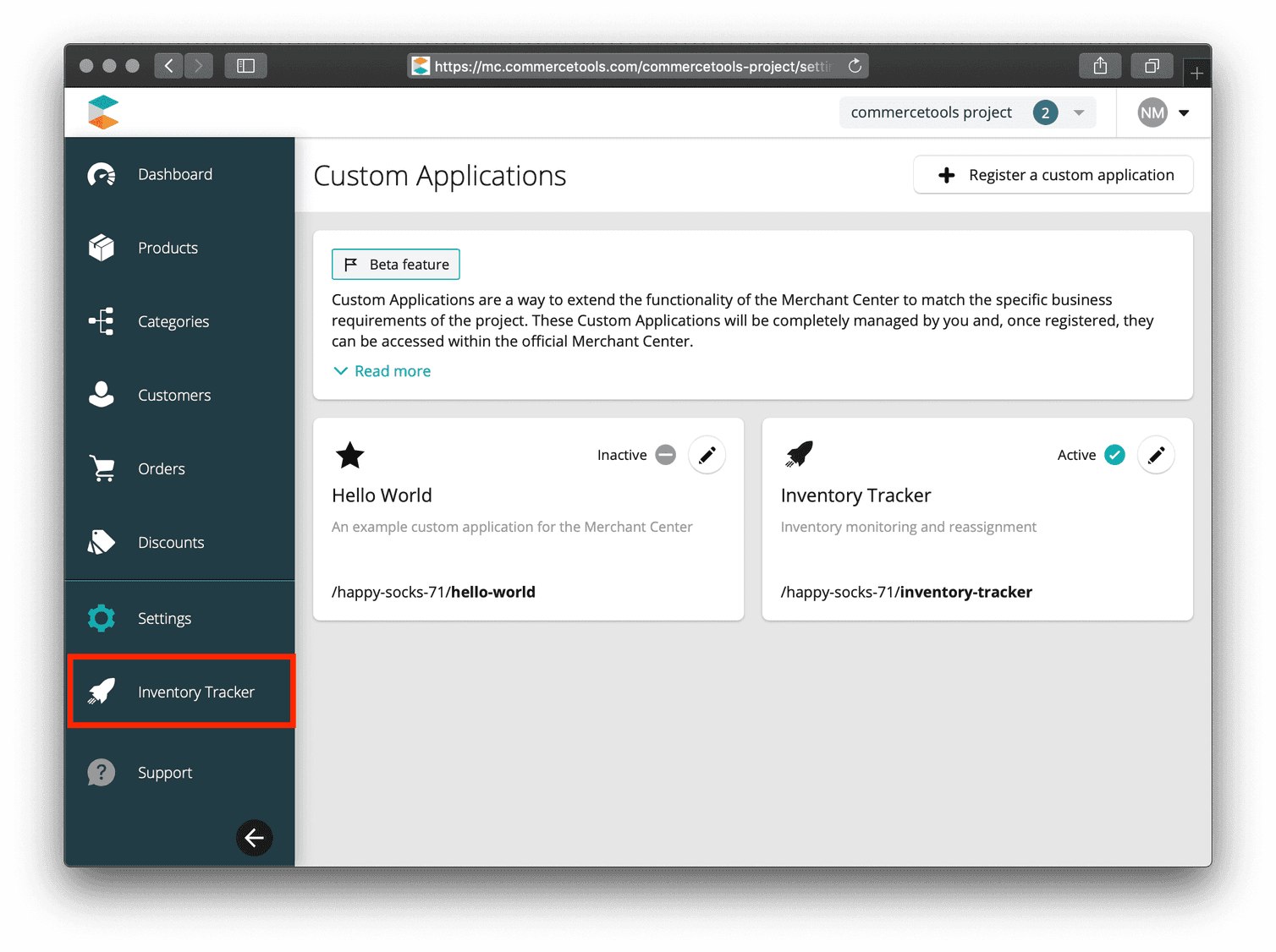 Activated Custom Applications in Merchant Center.