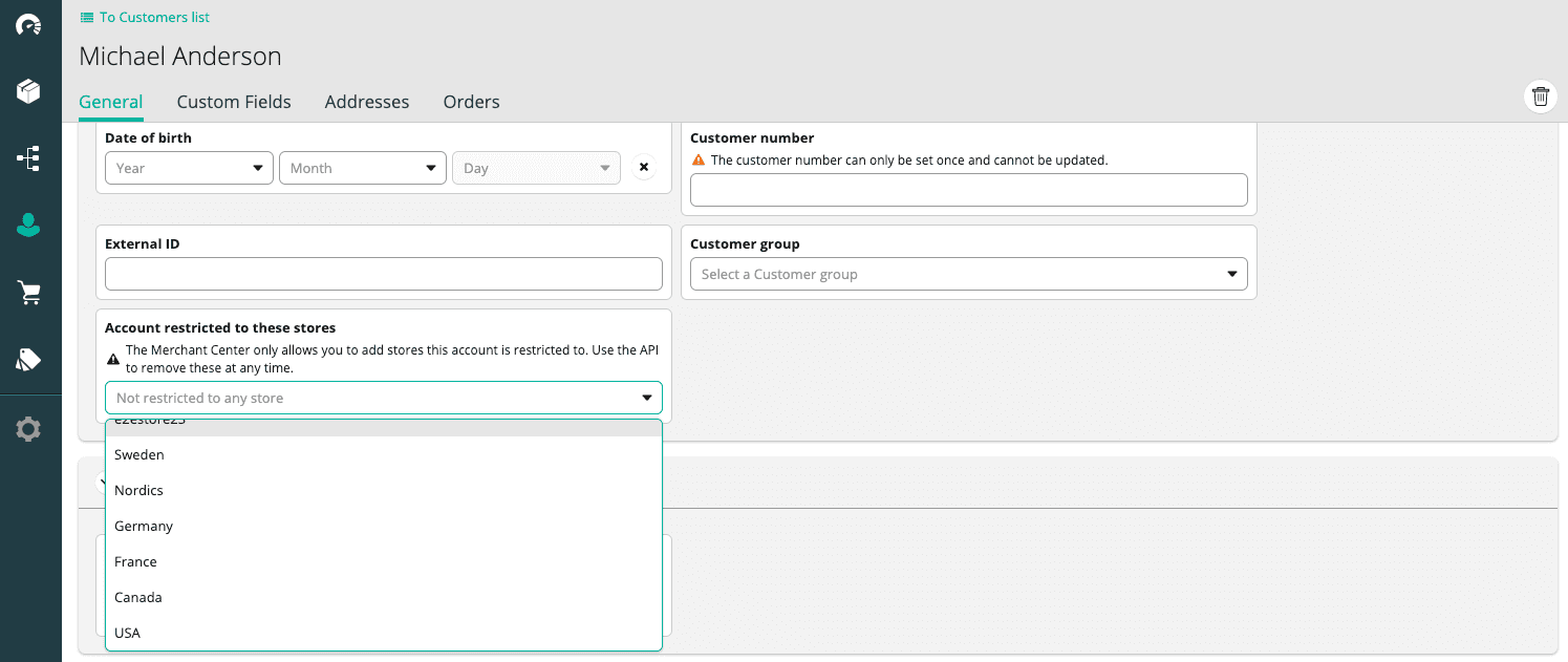 Store added to an existing Customer.