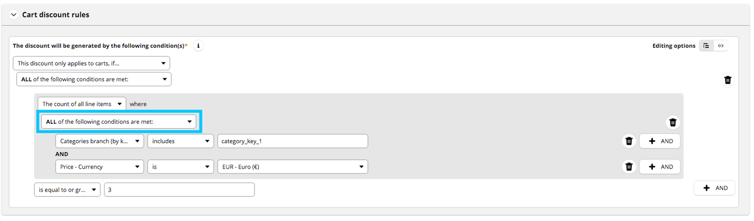 Cart Discount rule builder supports more than one condition.