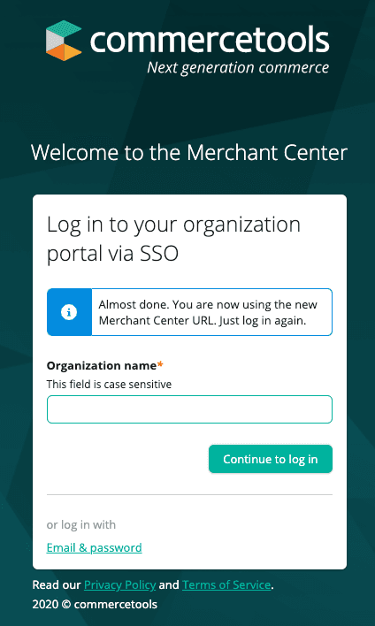 New SSO login screen of the Merchant Center.