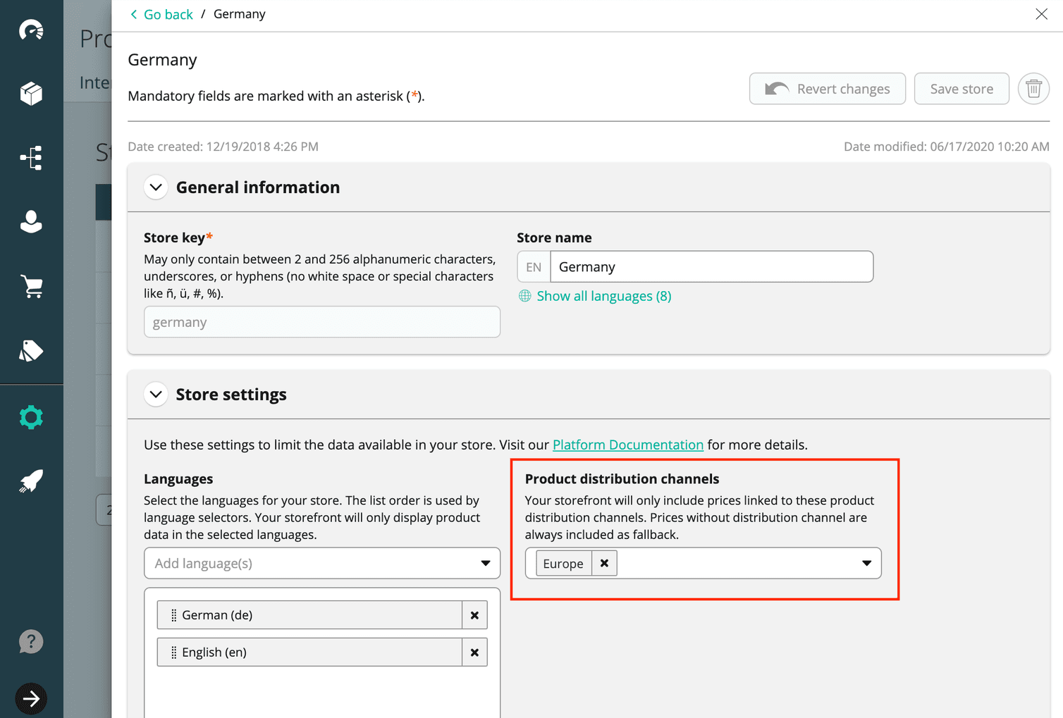 Product distribution channels added to a Store