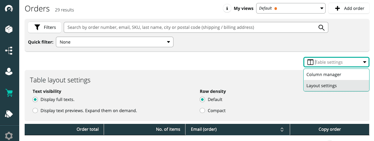 Table layout settings for Merchant Center applications.