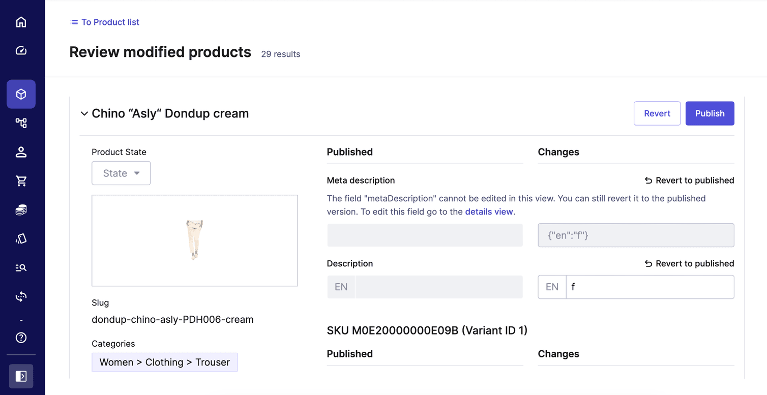 Layout of modified Products.
