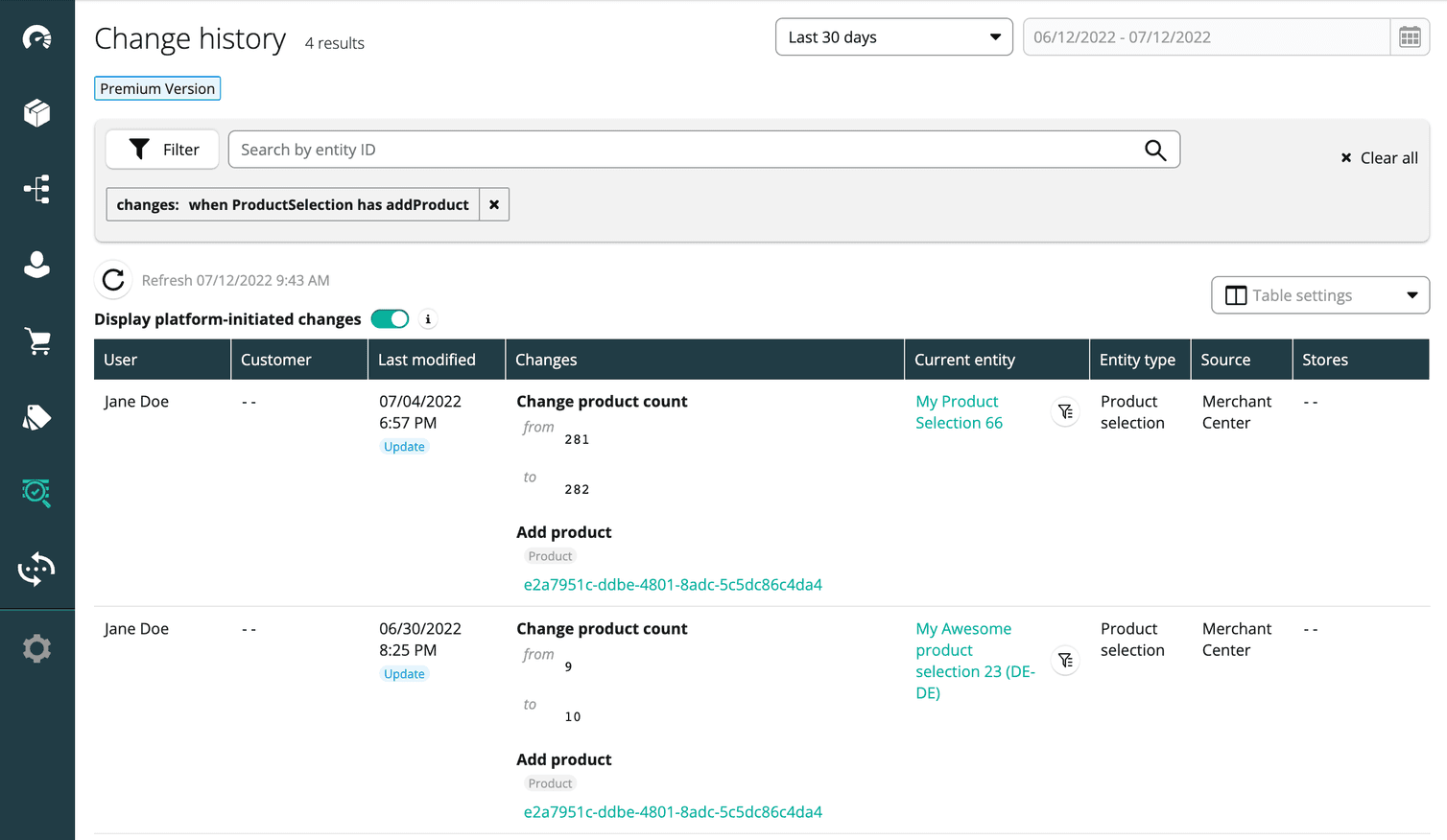 Product Selection changes in the Change History table.