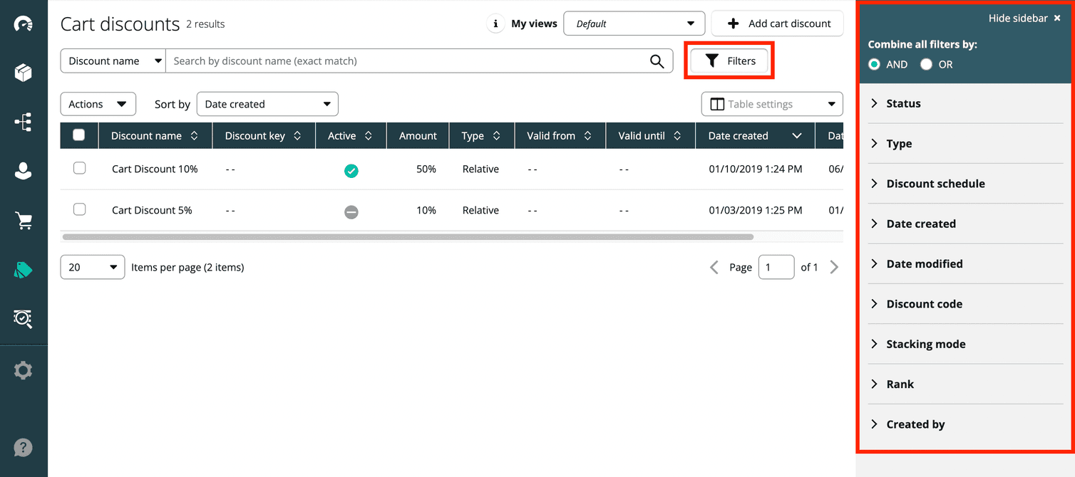 Additional filters for Cart Discounts.