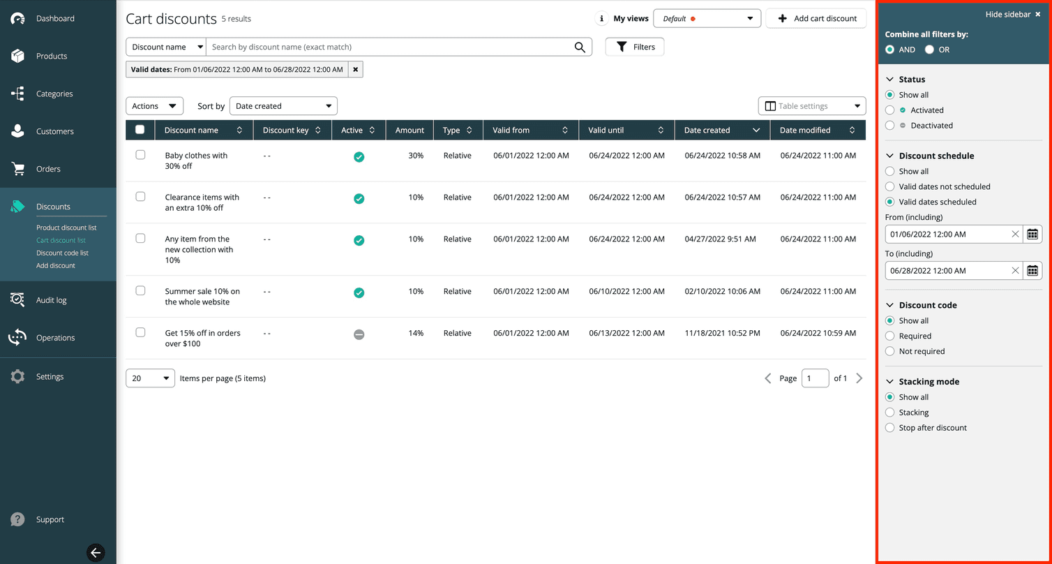 New sidebar with search filters for Discounts.