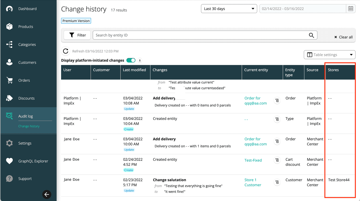 New Stores column in Change History table.