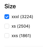 An example of filtered facet by selected size on a website UI